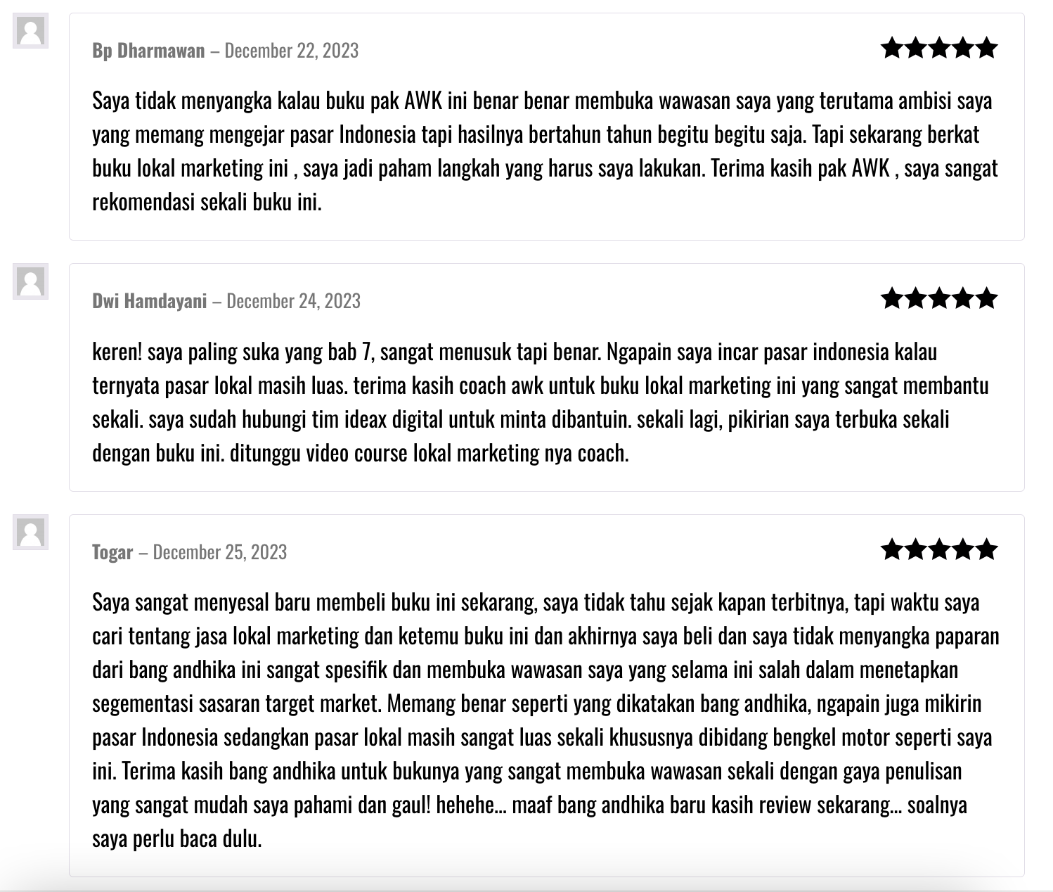 Testimonial atau Review Pembaca Buku Lokal Marketing